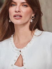 Sosandar White Pearl Embellished Trim Cardigan - Image 6 of 6