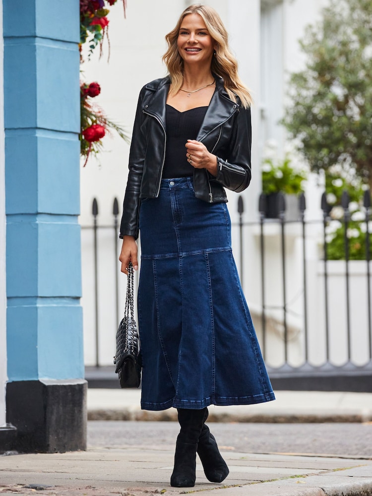 Sosandar Blue Eyelet Detail Contrast Sleeve Fine Knit Jumper - Image 1 of 6