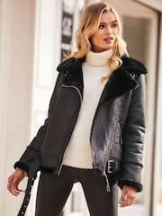 Sosandar Black Petite Faux Shearling Biker Jacket - Image 3 of 4