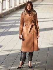 Sosandar Brown Longline Wool Coat With Faux Fur Collar - Image 1 of 6