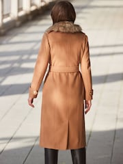 Sosandar Brown Longline Wool Coat With Faux Fur Collar - Image 3 of 6