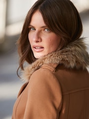 Sosandar Brown Longline Wool Coat With Faux Fur Collar - Image 6 of 6