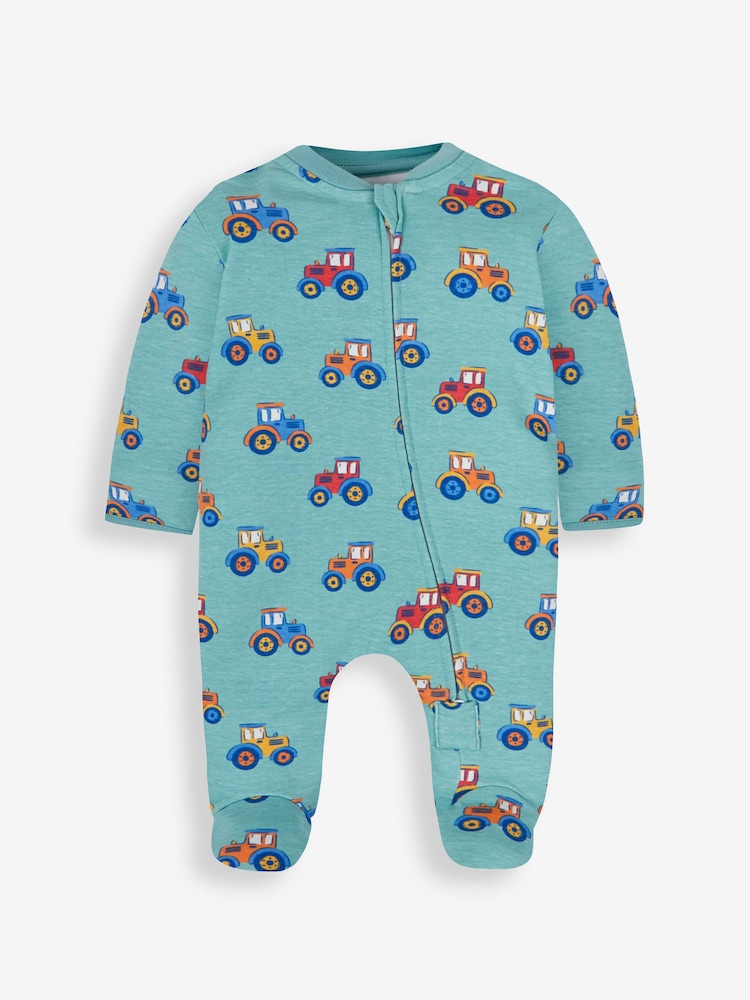 JoJo Maman Bébé Teal Tractor Print Zip Cotton Baby Sleepsuit - Image 1 of 3