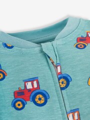 JoJo Maman Bébé Teal Tractor Print Zip Cotton Baby Sleepsuit - Image 2 of 3