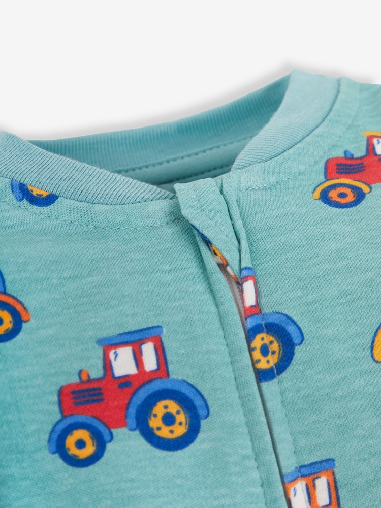 JoJo Maman Bébé Teal Tractor Print Zip Cotton Baby Sleepsuit - Image 2 of 3