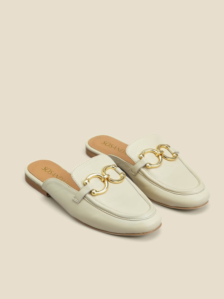 Sosandar Cream Leather Gold Trim Detail Mule Loafers - Image 1 of 4