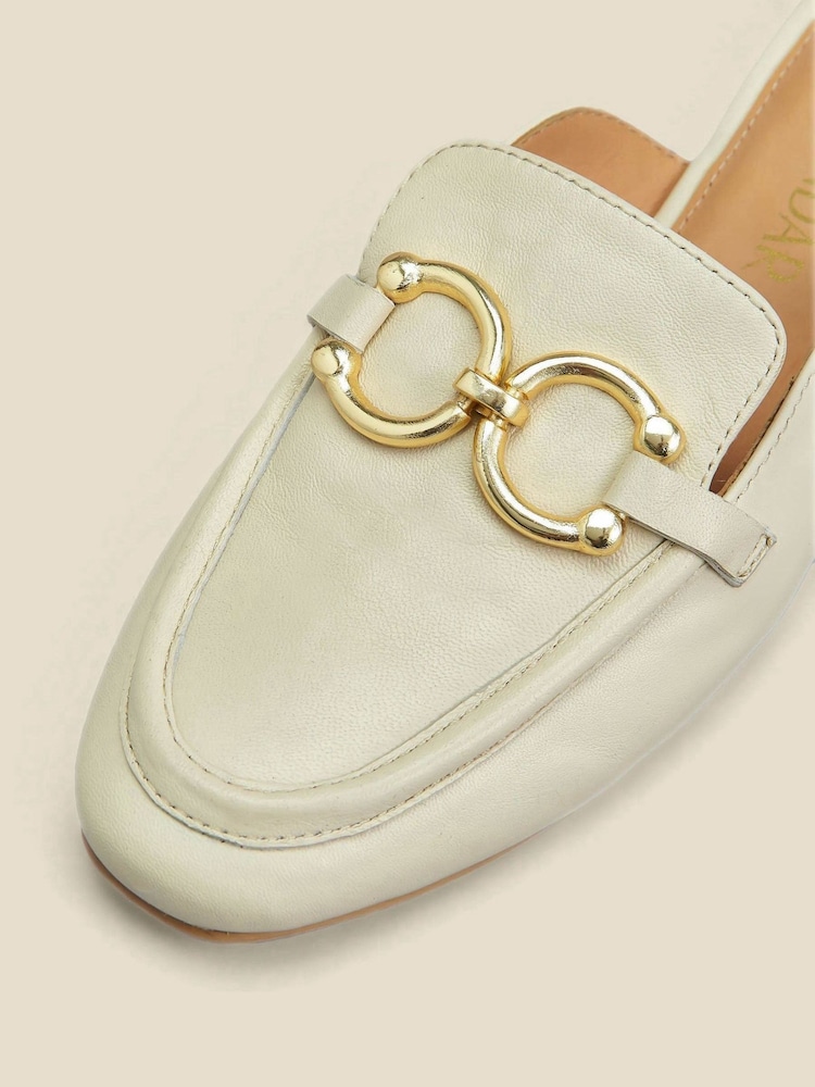 Sosandar Cream Leather Gold Trim Detail Mule Loafers - Image 4 of 4