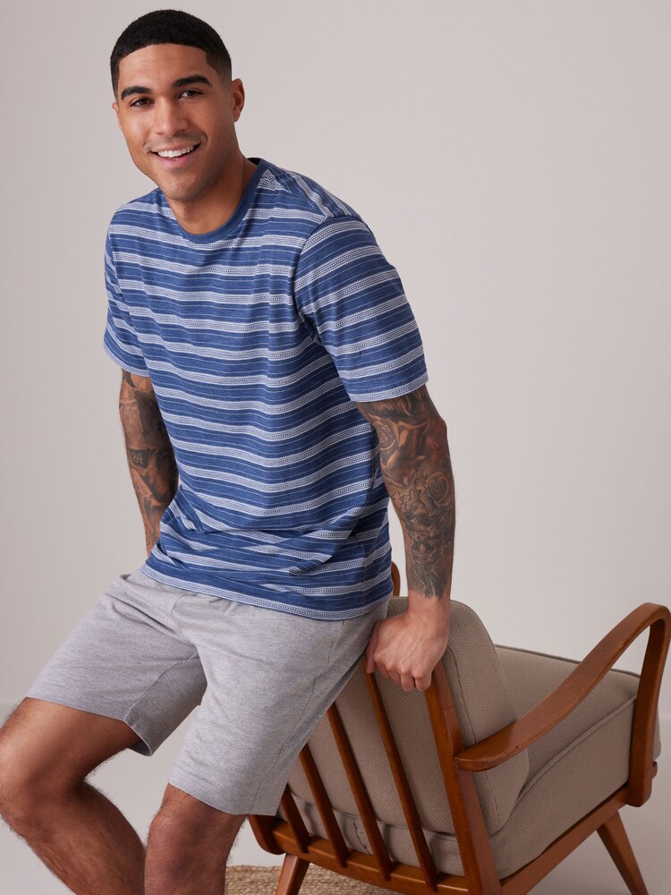 Blue Stripe/Grey Textured Short Pyjama Set - Image 2 of 9