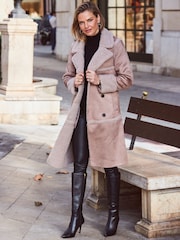Sosandar Natural Faux Suede & Shearling Double Breasted Coat - Image 1 of 6
