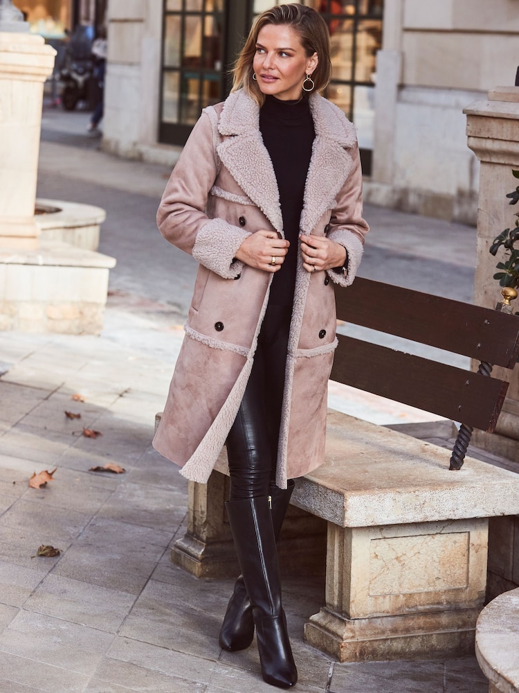 Sosandar Natural Faux Suede & Shearling Double Breasted Coat - Image 4 of 6