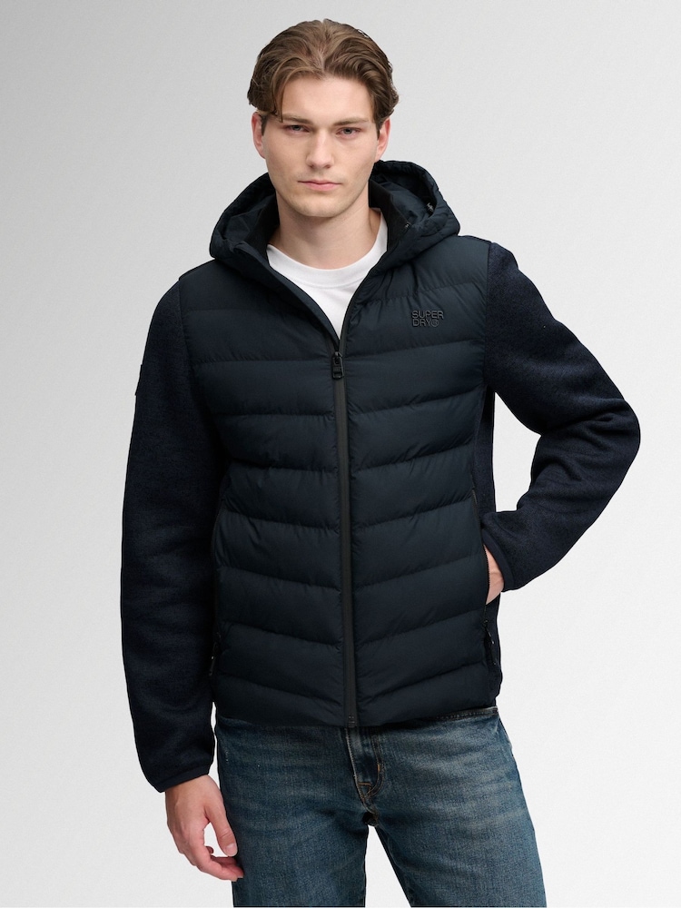 Superdry Blue Hooded Storm Knit Hybrid Jacket - Image 1 of 8 Superdry Blue Hooded Storm Knit Hybrid Jacket - Image 1 of 8