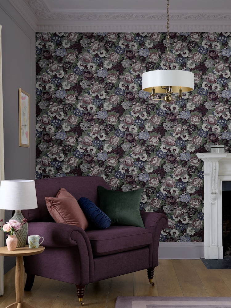 Laura Ashley Blackberry Purple Honnington Peonies A4 Wallpaper Sample - Image 1 of 2