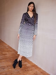 Monochrome Check Print Long Sleeve Wrap Midi Dress - Image 1 of 5