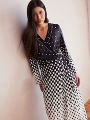 Monochrome Check Print Long Sleeve Wrap Midi Dress - Image 2 of 5
