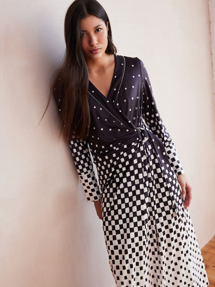 Monochrome Check Print Long Sleeve Wrap Midi Dress - Image 2 of 5