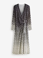 Monochrome Check Print Long Sleeve Wrap Midi Dress - Image 4 of 5