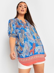 Yours Curve Blue Floral Print Tie Neck Blouse - Image 1 of 4