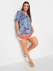 Yours Curve Blue Floral Print Tie Neck Blouse - Image 2 of 4