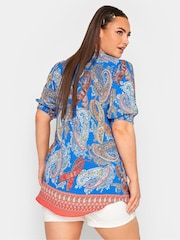 Yours Curve Blue Floral Print Tie Neck Blouse - Image 3 of 4