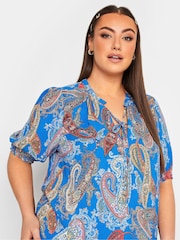 Yours Curve Blue Floral Print Tie Neck Blouse - Image 4 of 4