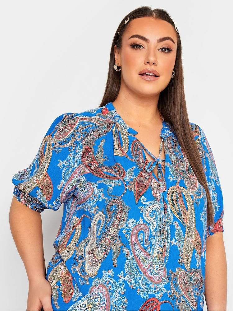Yours Curve Blue Floral Print Tie Neck Blouse - Image 4 of 4
