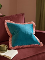 Furn Teal Blush Halo Fringed Velvet Fibre Filled Cushion - Image 1 of 5