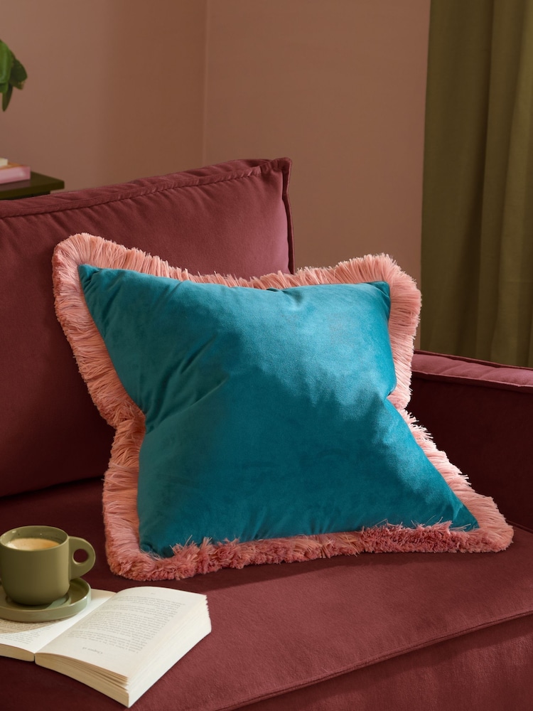 Furn Teal Blush Halo Fringed Velvet Fibre Filled Cushion - Image 1 of 5