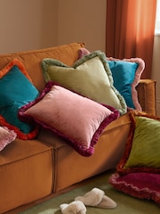 Furn Teal Blush Halo Fringed Velvet Fibre Filled Cushion - Image 2 of 5