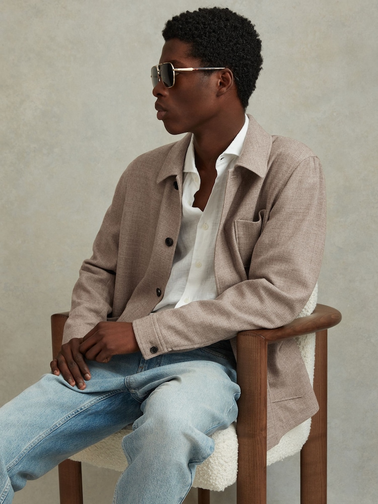 Reiss Mocha Cart Wool Blend Button-Through Overshirt - Image 1 of 6