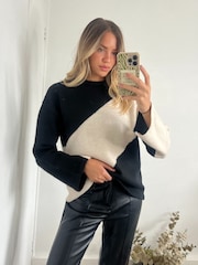 Style Cheat Black Brushed Wool Colour Block Jumper - Image 1 of 4