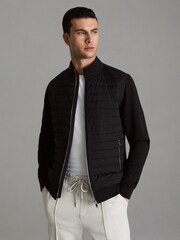 Reiss Black Flintoff Hybrid Quilt and Knit Zip-Through Jacket - Image 1 of 6