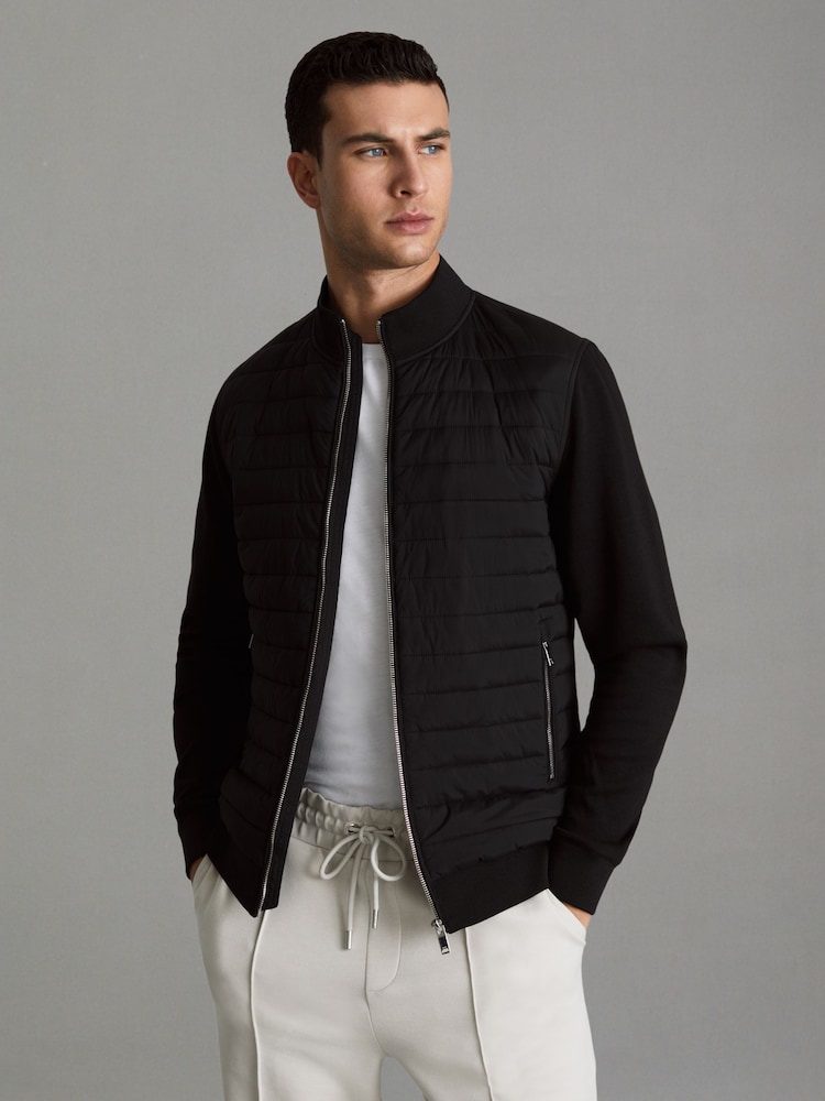 Reiss Black Flintoff Hybrid Quilt and Knit Zip-Through Jacket - Image 1 of 6