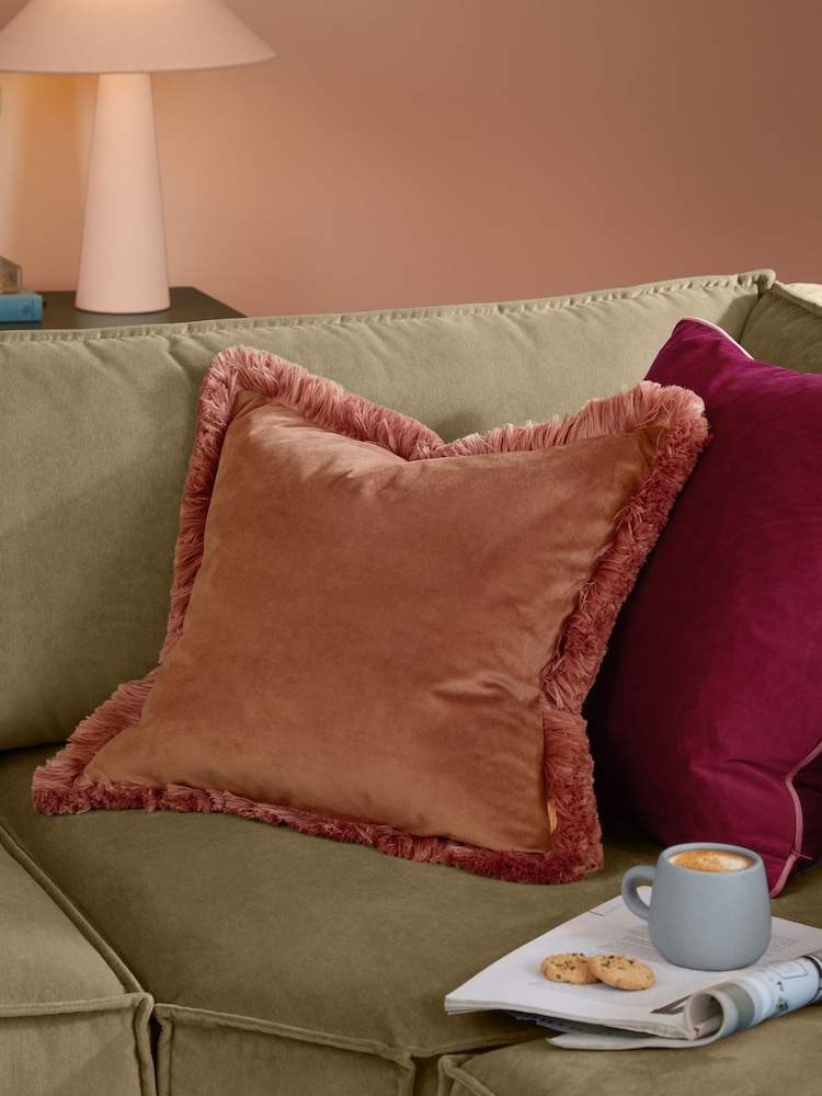 Furn Chestnut Slipper Halo Fringed Velvet Fibre Filled Cushion - Image 1 of 5