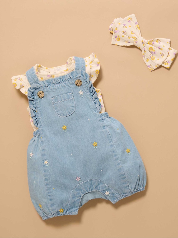 Purebaby Blue Broderie Dungaree Set - Image 1 of 5 Purebaby Blue Broderie Dungaree Set - Image 1 of 5
