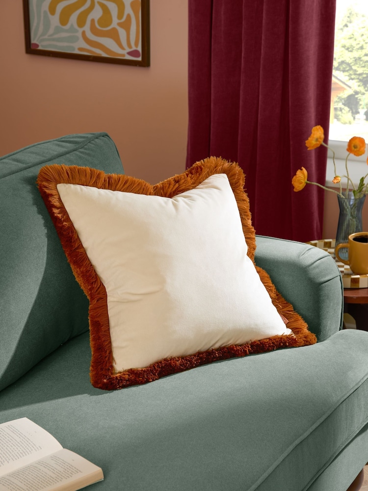 Furn Ecru Ginger Halo Fringed Velvet Fibre Filled Cushion - Image 1 of 5