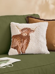 Evans Lichfield Natural Boucle Highland Cow Embroidered Fibre Filled Cushion - Image 1 of 4