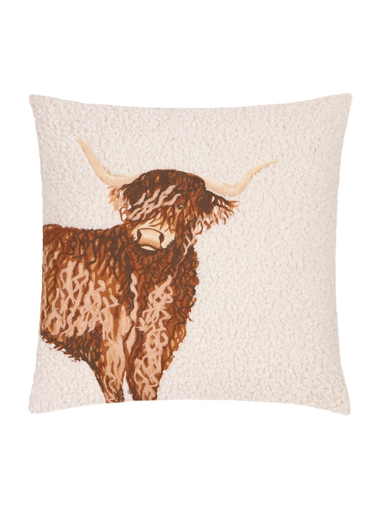 Evans Lichfield Natural Boucle Highland Cow Embroidered Fibre Filled Cushion - Image 2 of 4 Evans Lichfield Natural Boucle Highland Cow Embroidered Fibre Filled Cushion - Image 2 of 4