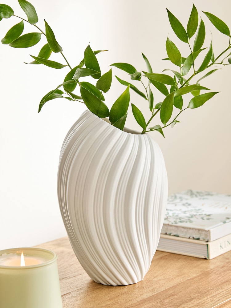 White Pleated Ceramic Medium Vase - Image 1 of 5 White Pleated Ceramic Medium Vase - Image 1 of 5