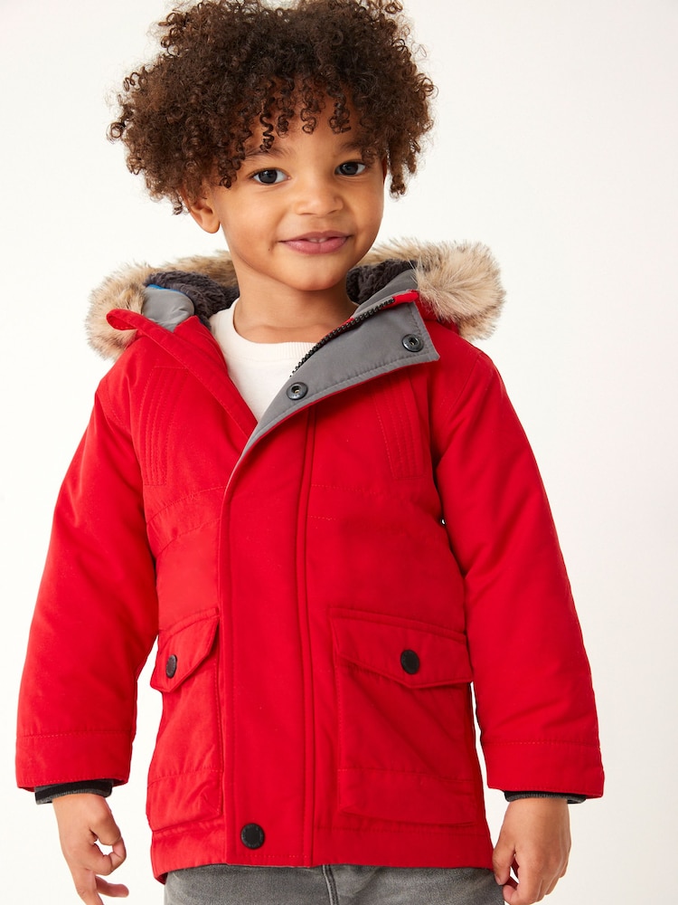 Red Shower Resistant Faux Fur Parka Coat (3mths-7yrs) - Image 1 of 8