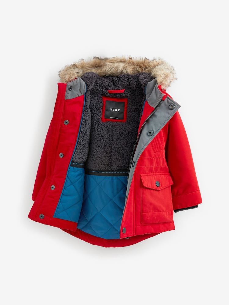 Red Shower Resistant Faux Fur Parka Coat (3mths-7yrs) - Image 8 of 8