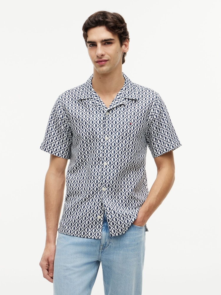 Tommy Hilfiger Blue Regular Linen Blend Print Short Sleeve Shirt - Image 1 of 5 Tommy Hilfiger Blue Regular Linen Blend Print Short Sleeve Shirt - Image 1 of 5