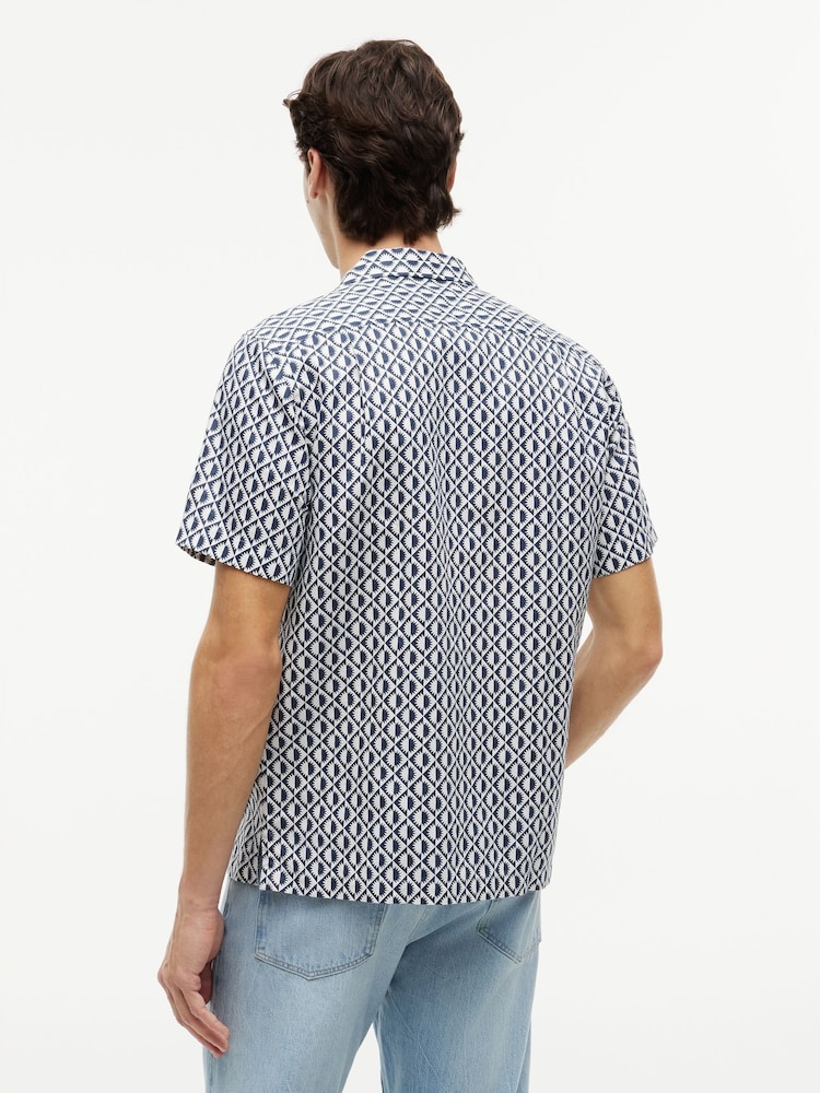Tommy Hilfiger Blue Regular Linen Blend Print Short Sleeve Shirt - Image 2 of 5 Tommy Hilfiger Blue Regular Linen Blend Print Short Sleeve Shirt - Image 2 of 5