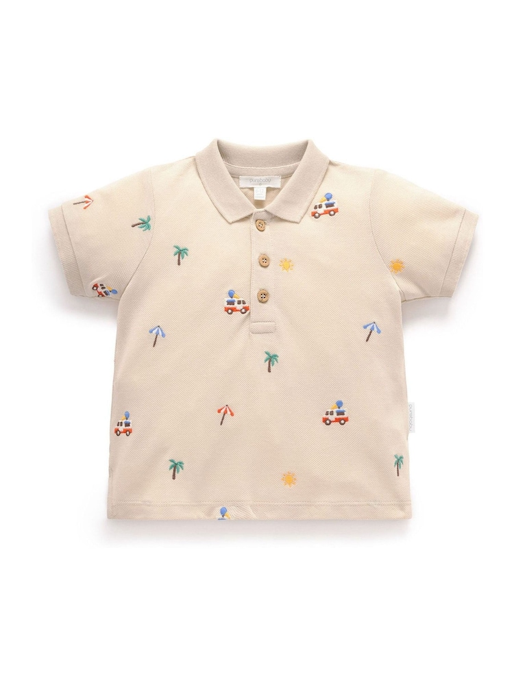 Purebaby Natural Cancun Embroidered Polo Shirt - Image 1 of 4 Purebaby Natural Cancun Embroidered Polo Shirt - Image 1 of 4