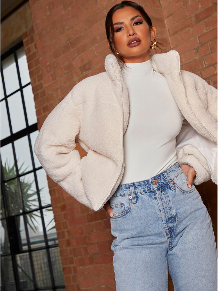 Chi Chi London Cream Short Padded Borg Coat - Image 2 of 4