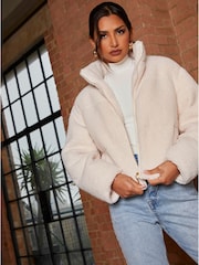 Chi Chi London Cream Short Padded Borg Coat - Image 3 of 4