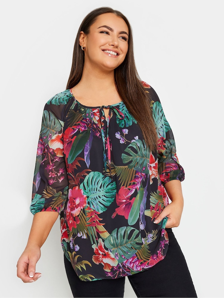 Yours Curve Black chrome Tie Neck Blouse - Image 1 of 4