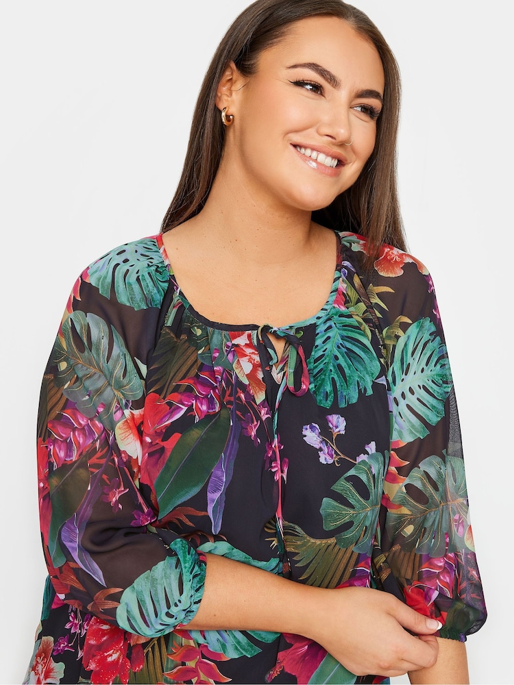 Yours Curve Black chrome Tie Neck Blouse - Image 4 of 4