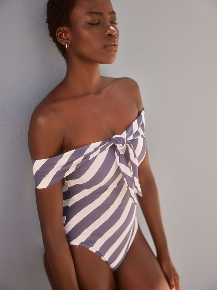 Navy/Cream Stripe Cold Shoulder Bardot Tummy Shaping Control Swimsuit - Image 1 of 6