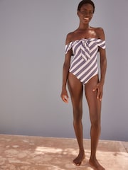 Navy/Cream Stripe Cold Shoulder Bardot Tummy Shaping Control Swimsuit - Image 2 of 6