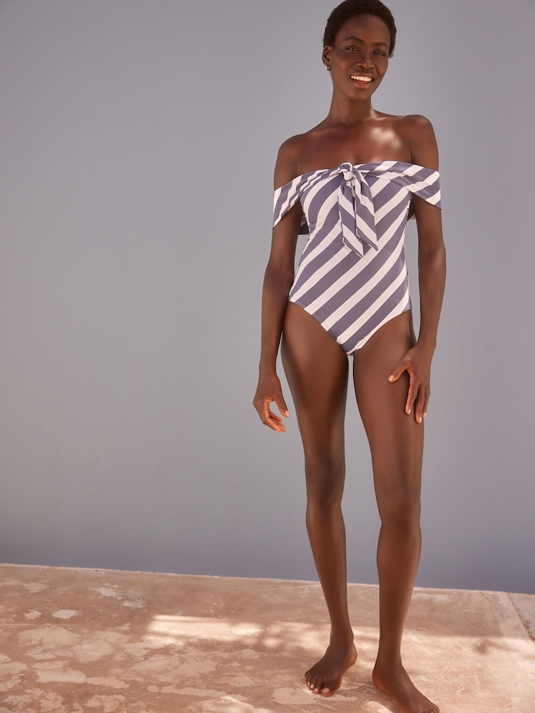 Navy/Cream Stripe Cold Shoulder Bardot Tummy Shaping Control Swimsuit - Image 2 of 6